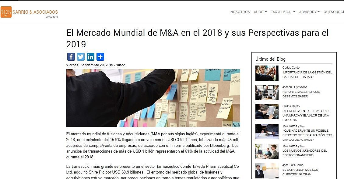 El Mercado Mundial de M&A en el 2018 y sus Perspectivas para el 2019